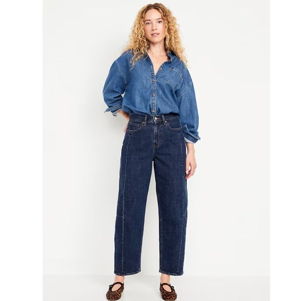 Old Navy High-Waisted Barrel Horseshoe Ankle Jeans Dark Wash 10